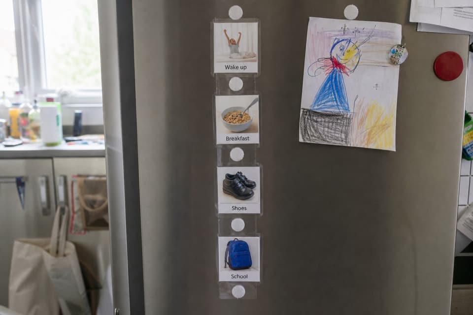 A visual schedule of laminated photo cards stuck to a kitchen fridge with everyday magnets around it.