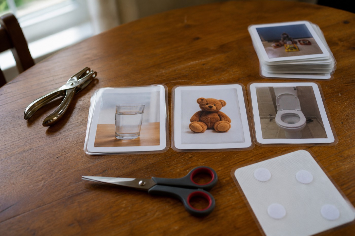Freshly printed and laminated picture communication cards spread on a table with scissors nearby.
