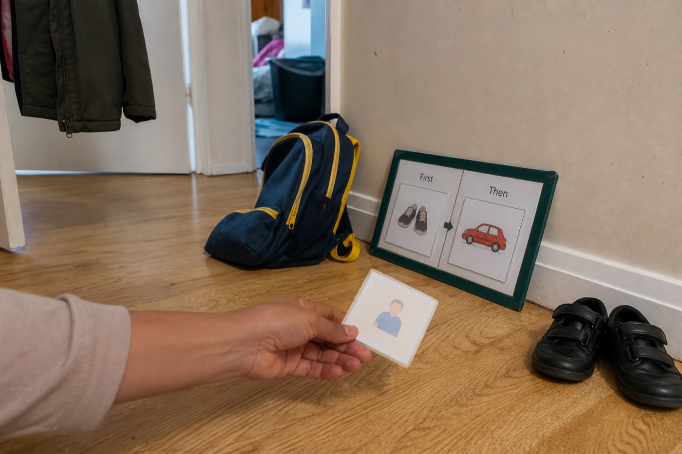 A school backpack, shoes and a first-then board in a hallway, ready for a predictable morning.